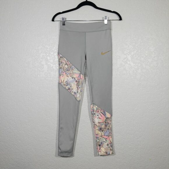 New Nike Gray Floral Dri Fit Tight Fit Cropped Leggings Size Large - Picture 2 of 10